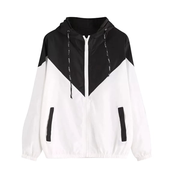 Ecqkame Women's Color Block Hooded Jackets Fall Casual Zip Up Lightweight Jacket Long Sleevedwindbreaker Jacket Black XXL