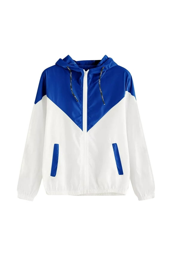 Women's Color Block Hooded Jackets Fall Casual Zip Up Lightweight Jacket Long Sleevedwindbreaker Jacket Blue XXL