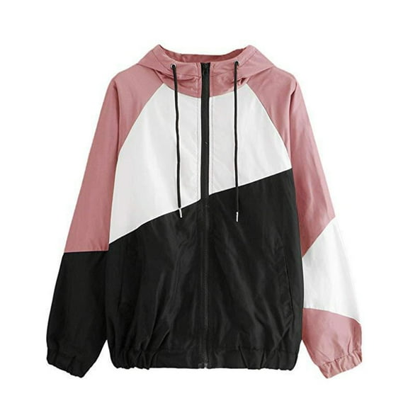 Ecqkame Women's Color Block Hooded Jackets Fall Casual Zip Up Lightweight Jacket Long Sleevedwindbreaker Jacket Pink XXL