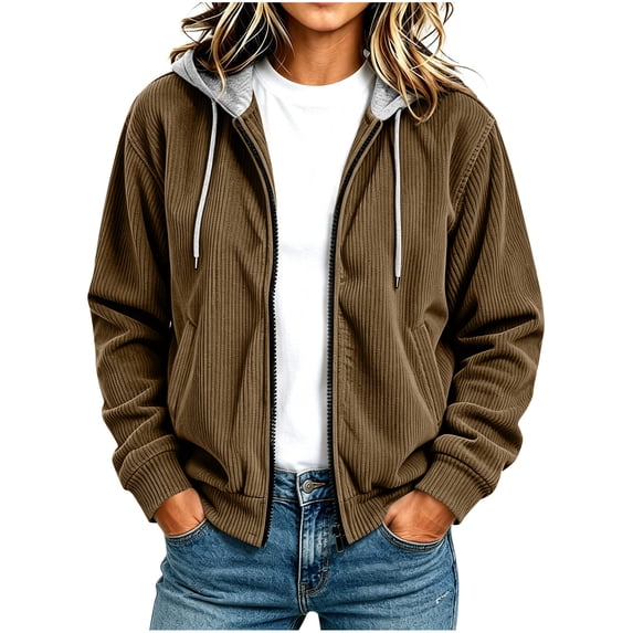 Ecqkame Women's Corduroy Hooded Jackets Full Zip Pocket Long Sleeve Solid Color Casual Fall Winter Daily Versatile Outerwear Brown XL