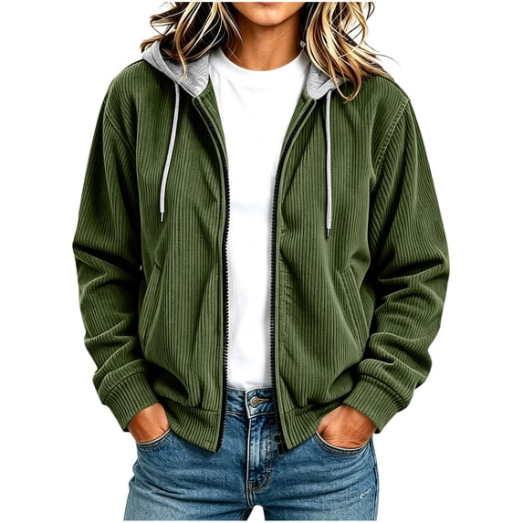 Ecqkame Women's Corduroy Hooded Jackets Full Zip Pocket Long Sleeve Solid Color Casual Fall Winter Daily Versatile Outerwear Green S