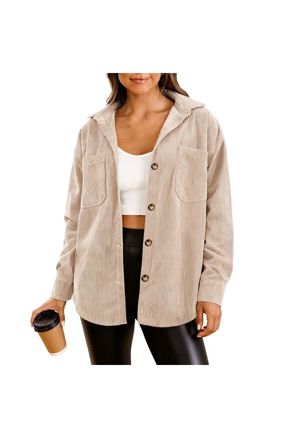Women's Corduroy Jackets Solid Color Button Loose Coats Long Sleeve Turndown Collar Casual Outerwear with Pockets Beige S