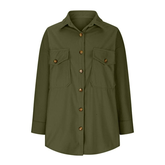 Ecqkame Women's Corduroy Jackets Solid Color Button Loose Coats Long Sleeve Turndown Collar Casual Outerwear with Pockets Green M