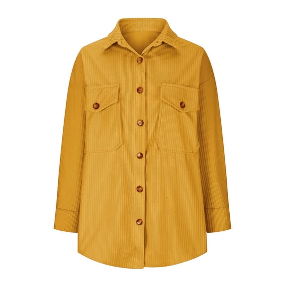 Ecqkame Women's Corduroy Jackets Solid Color Button Loose Coats Long Sleeve Turndown Collar Casual Outerwear with Pockets Yellow XXL