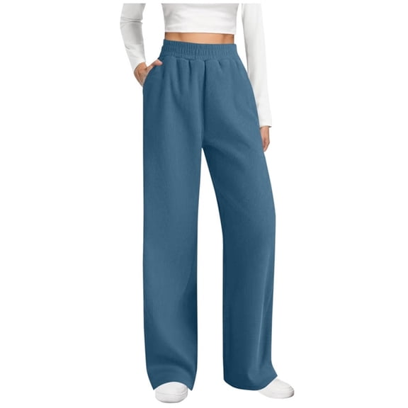 Ecqkame Women's Corduroy Wide Leg Pants Casual Loose Solid Color High Waist Comfortable Long Pant with Pockets Blue XXL