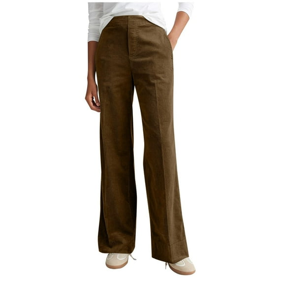 Ecqkame Women's Corduroy Wide Leg Pants Casual Loose Solid Color High Waist Comfortable Long Pant with Pockets Brown L