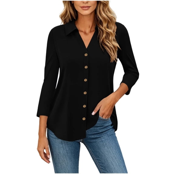 Ecqkame Women's Cotton Linen Button-Up Shirts Turndown Collar 3/4 Sleeve Casual Tops Lightweight Comfortable Daily Blouses Black XL