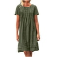 thumbnail image 1 of Ecqkame Women's Cotton Linen Dress Casual Plus Size Loose Midi Dress Crew Neck Short Sleeve Dress with Pockets Army Green M, 1 of 5