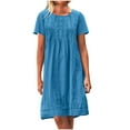 thumbnail image 1 of Ecqkame Women's Cotton Linen Dress Casual Plus Size Loose Midi Dress Crew Neck Short Sleeve Dress with Pockets Blue S, 1 of 5