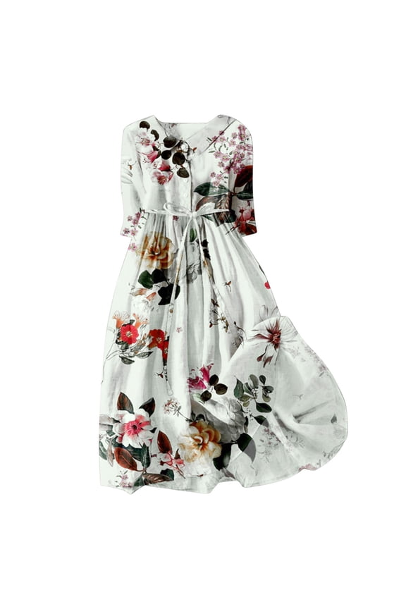 Ecqkame Women's Cotton Linen Dress Floral Print 3/4 Sleeve Button Down Shirt Dress Casual Loose Tie Waist Adjustable Dresses 01-Red XXL