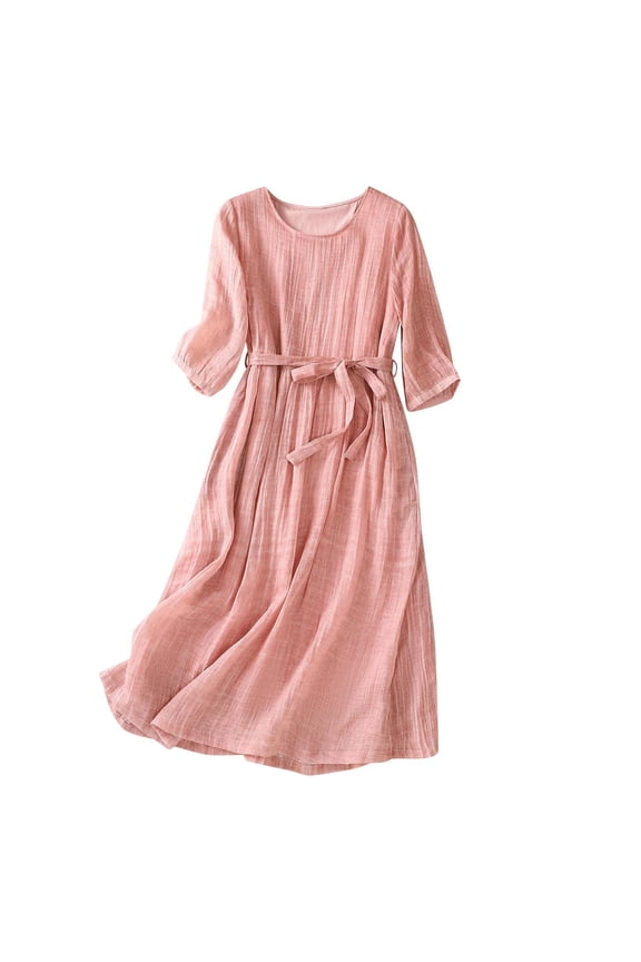 Women's Cotton Linen Dress Solid Color 3/4 Sleeve Button Down Shirt Dress Casual Loose Tie Waist Adjustable Dresses 02-Pink XXL
