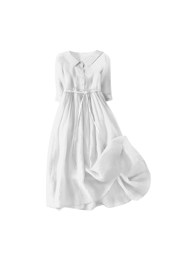 Women's Cotton Linen Dress Solid Color 3/4 Sleeve Button Down Shirt Dress Casual Loose Tie Waist Adjustable Dresses 03-White S