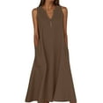 thumbnail image 1 of Ecqkame Women's Cotton Linen Dress Summer Casual Solid Color V Neck Maxi Dress Sleeveless Button Sundress with Pockets Brown L, 1 of 5