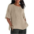 thumbnail image 1 of Ecqkame Women's Cotton Linen Lightweight Tops Summer Casual Loose Half Sleeve Crew Neck Shirt Side Split Solid Color Trend Tunic Tops Khaki XXXXXL, 1 of 4