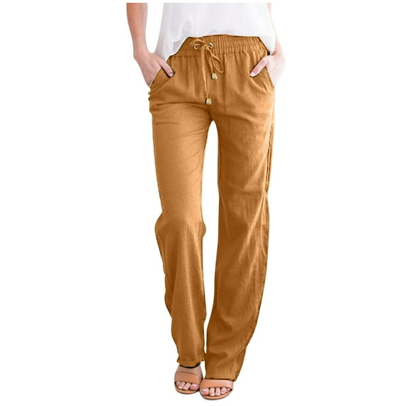 Ecqkame Women's Cotton Linen Long Lounge Pants Clearance Women's Fashionable Pure Cotton Linen Loose Drawcord Casual Wide Leg Trousers Yellow S