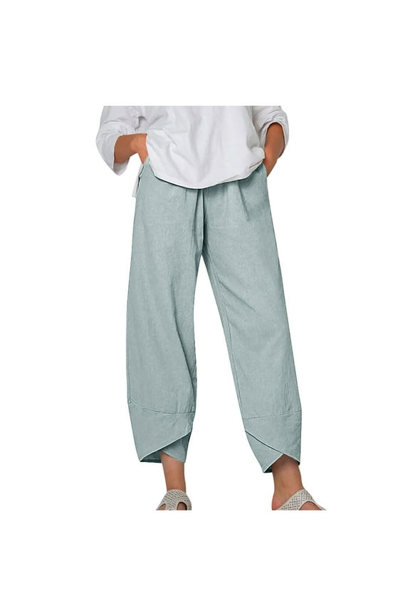 Women's Cotton Linen Long Lounge Pants Women's Casual Trousers Loose Solid Elastic Waist Long Pants With Pocket Mint Green S
