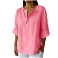 thumbnail image 1 of Ecqkame Women's Cotton Linen Top Summer Casual 3/4 Roll-Up Sleeve V-Neck Tops Loose Solid Color Lightweight Blouses with Button 01-Pink XXXXL, 1 of 6