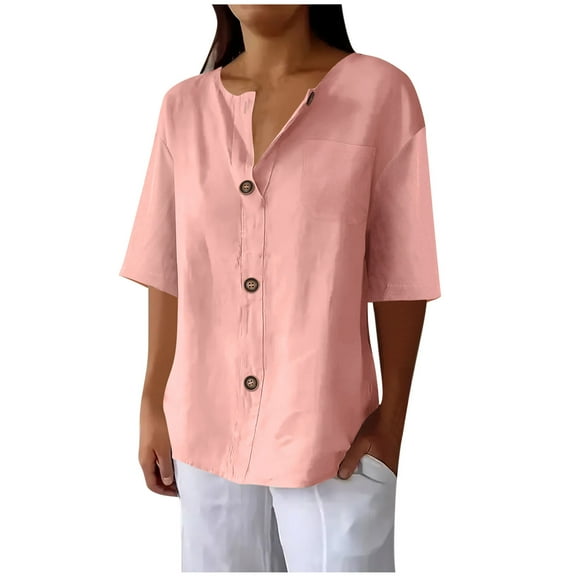Ecqkame Women's Cotton Linen Top Summer Casual 3/4 Roll-Up Sleeve V-Neck Tops Loose Solid Color Lightweight Blouses with Button 04-Pink XL