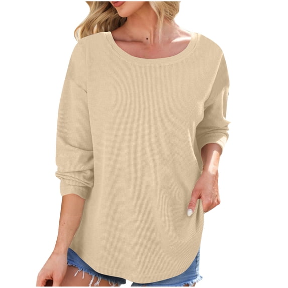 Ecqkame Women's Crew Neck Sweatshirts Long Sleeve Loose Oversized Pullover Tops Basic Casual Comfy Sweatshirt Beige M