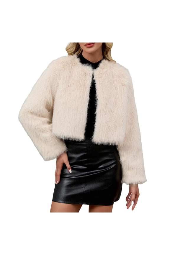 Women's Cropped Faux Fur Jackets Winter Fashion Long Sleeve Open Front Cardigan Casual Fluffy Shaggy Short Outerwear Coats Beige XXL