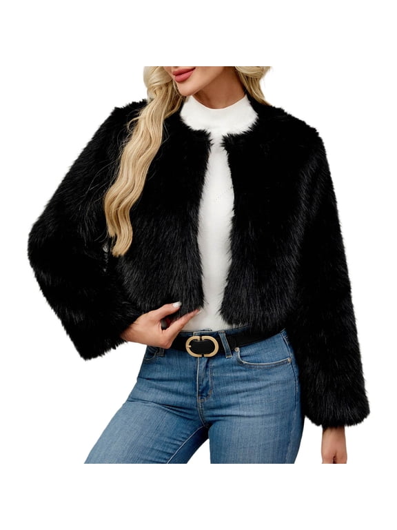 Women's Cropped Faux Fur Jackets Winter Fashion Long Sleeve Open Front Cardigan Casual Fluffy Shaggy Short Outerwear Coats Black L