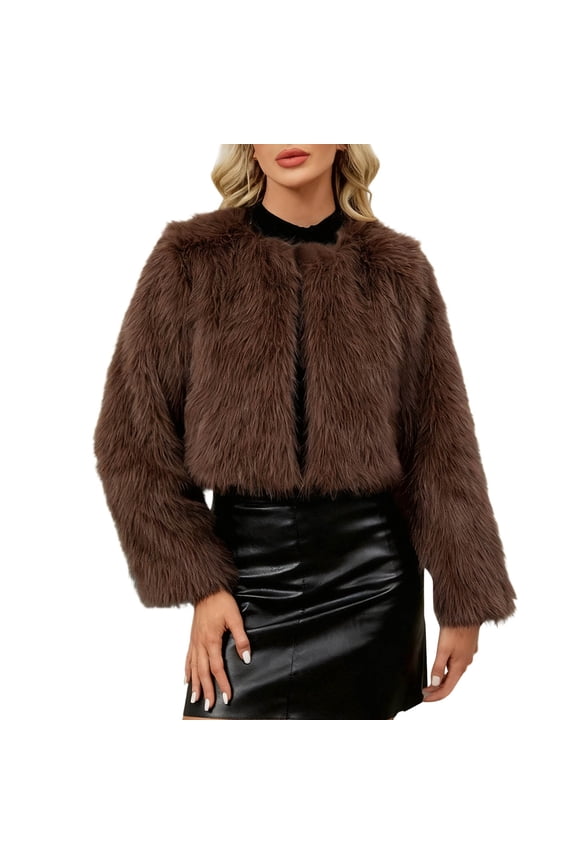 Women's Cropped Faux Fur Jackets Winter Fashion Long Sleeve Open Front Cardigan Casual Fluffy Shaggy Short Outerwear Coats Brown S
