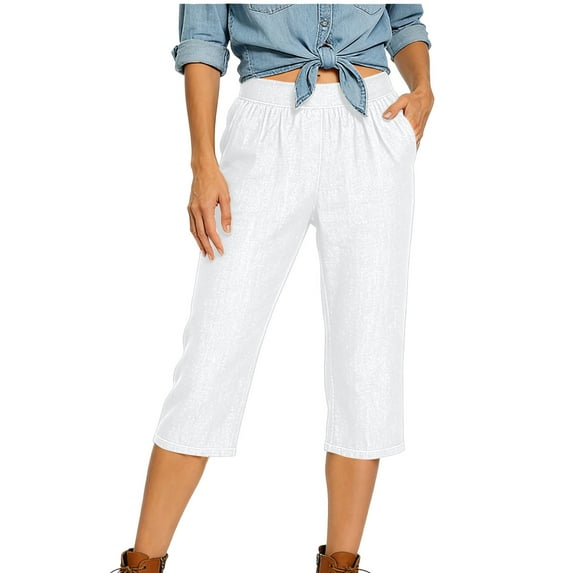 Ecqkame Women's Denim Capris Casual Solid Color Elastic High Waisted Comfortable Cropped Leggings Pants with Pockets White M