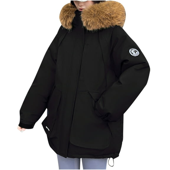 Ecqkame Women's Down Jackets Big Hair Collar Solid Color Full Zip Hooded Jacket Winter Thick Warm Long Sleeved Outerwear Coats Black L
