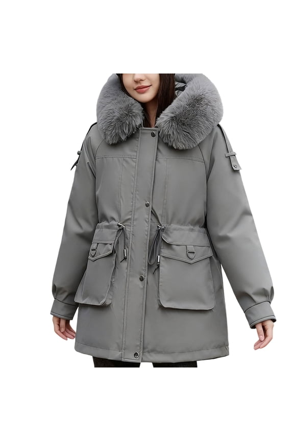 Women's Down Jackets Big Hair Collar Solid Color Full Zip Hooded Jacket Winter Thick Warm Long Sleeved Outerwear Coats Gray XXL