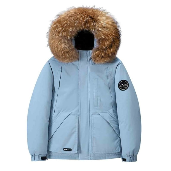 Ecqkame Women's Down Jackets Big Hair Collar Solid Color Full Zip Hooded Jacket Winter Thick Warm Long Sleeved Outerwear Coats Light Blue XL