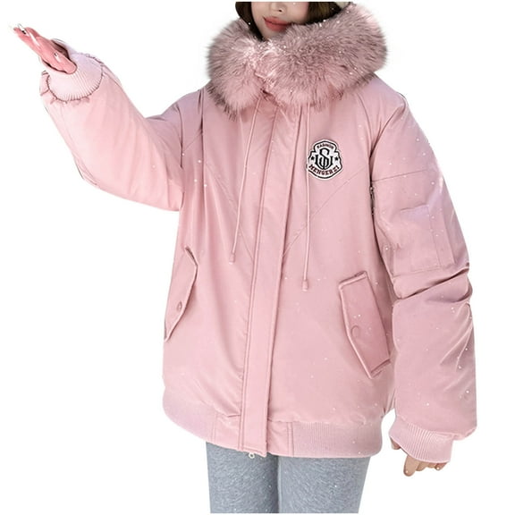 Ecqkame Women's Down Jackets Big Hair Collar Solid Color Full Zip Hooded Jacket Winter Thick Warm Long Sleeved Outerwear Coats Pink S