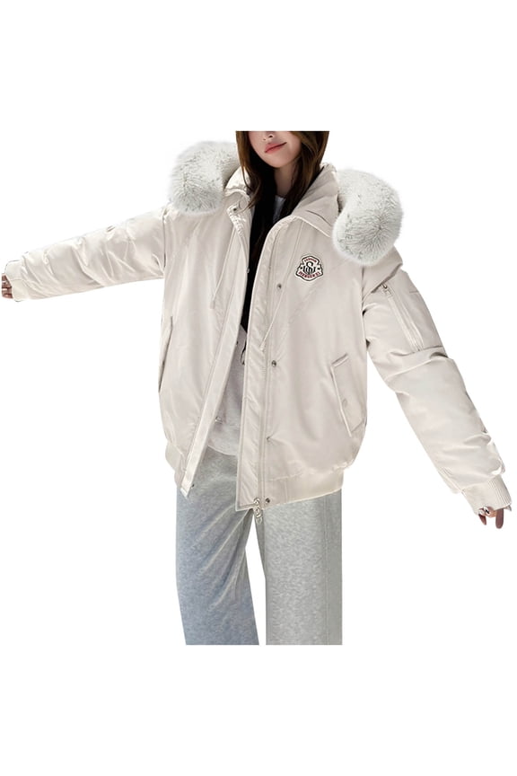 Women's Down Jackets Big Hair Collar Solid Color Full Zip Hooded Jacket Winter Thick Warm Long Sleeved Outerwear Coats White S