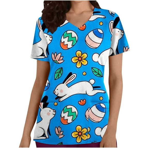 Ecqkame Women's Easter Scrub Tops Easter Eggs Bunny Rabbit Printed Working Uniform Blouse T-shirt Casual Short Sleeve V-neck Blouse Tops With Pocket Blue XL on Clearance