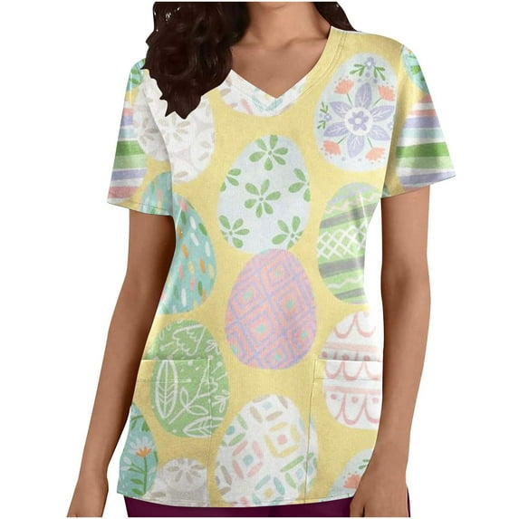 Ecqkame Women's Easter Scrub Tops Easter Eggs Bunny Rabbit Printed Working Uniform Blouse T-shirt Casual Short Sleeve V-neck Blouse Tops With Pocket Yellow XXL on Clearance