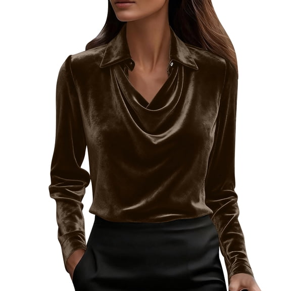 Ecqkame Women's Elegant Blouses Solid Color Turndown Collar Long Sleeves Shirts Casual Business Dressy Work Tops Brown XXL