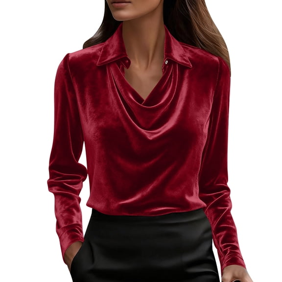 Ecqkame Women's Elegant Blouses Solid Color Turndown Collar Long Sleeves Shirts Casual Business Dressy Work Tops Red XL