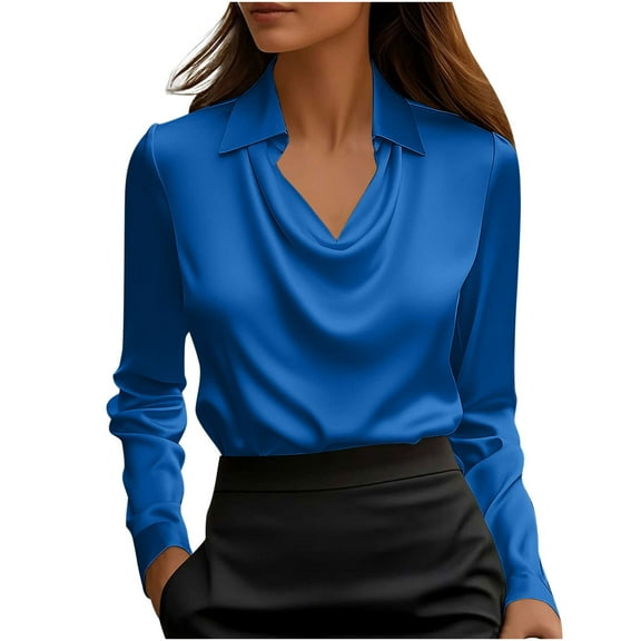 Ecqkame Women's Elegant Satin Blouses Turndown Collar Long Sleeves Casual Business Dressy Shirts Solid-Color Office Work Temperament Tops Blue L
