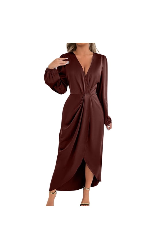 Women's Elegant Satin Dresses Long-Sleeved V-Neck Dress with Belt Ankle-Length Flowy Side Split Dresses Brown XL