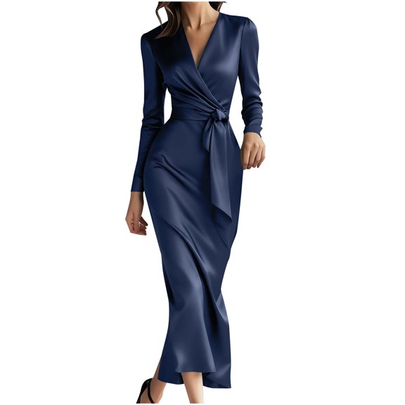 Ecqkame Women's Elegant Satin Dresses Long-Sleeved V-Neck Dress with Belt Ankle-Length Flowy Side Split Dresses Navy S
