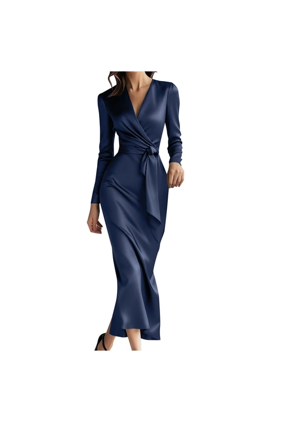 Women's Elegant Satin Dresses Long-Sleeved V-Neck Dress with Belt Ankle-Length Flowy Side Split Dresses Navy XL