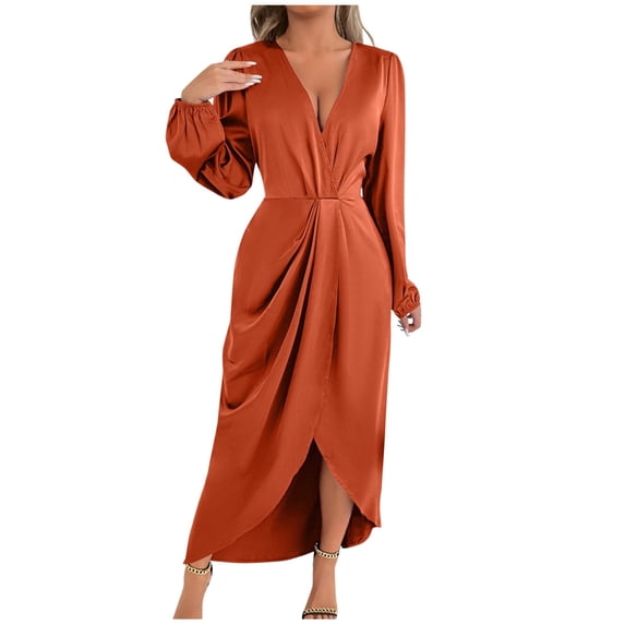 Ecqkame Women's Elegant Satin Dresses Long-Sleeved V-Neck Dress with Belt Ankle-Length Flowy Side Split Dresses Orange L
