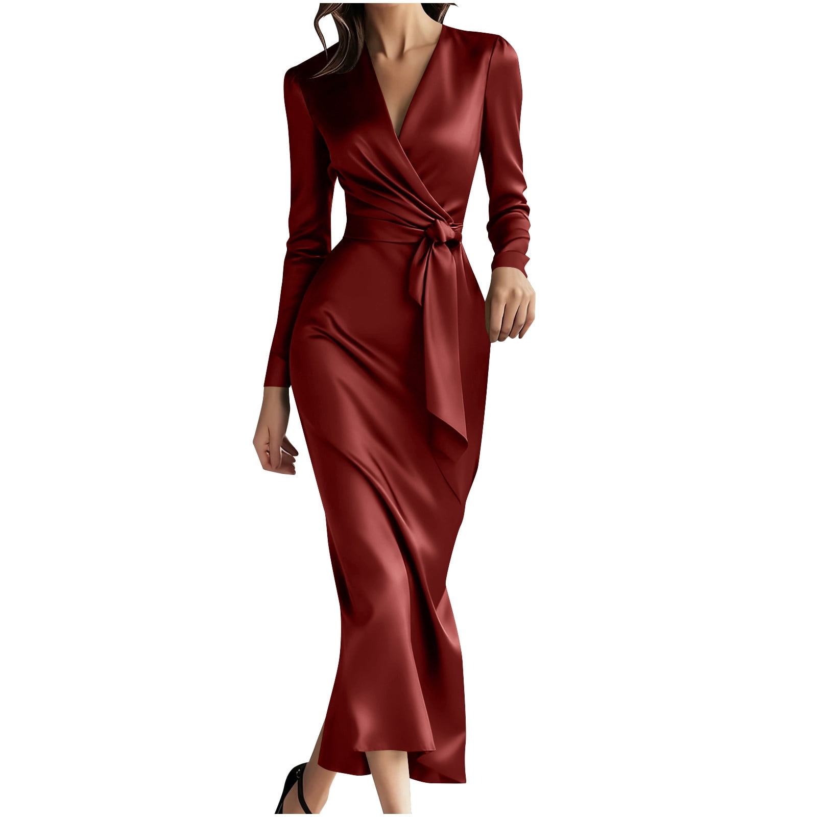 Ecqkame Women's Elegant Satin Dresses LongSleeved VNeck Dress with — free download
