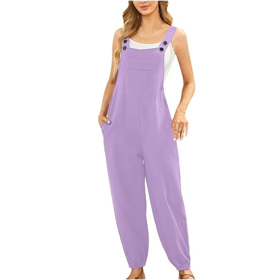 Ecqkame Women's Fashion Baggy Loose Linen Overalls Jumpsuit Casual Cold Shoulder Jumpsuit Solid Button Suspender Jumpsuits Wide Pocket Leg Pant Purple M Items