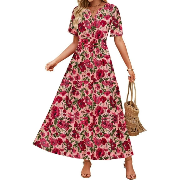 Ecqkame Women's Fashion Elegant Floral Print Dresses Casual Short Sleeve V-Neck Long Dress Tummy Control Pleated Tiered Dress with Pockets Multicolor XL
