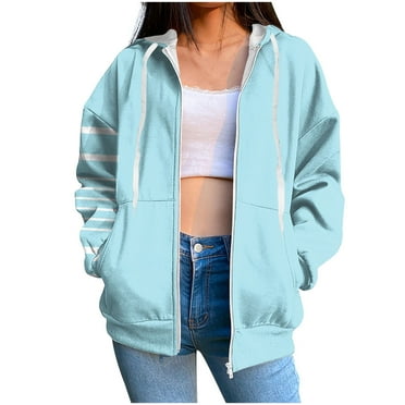 Ecqkame Women's Fashion Hoodies & Sweatshirts Oversized Off The Shoulder Full Zip Sweater Solid Color Sport Jacket Sky Blue XXL on Clearance