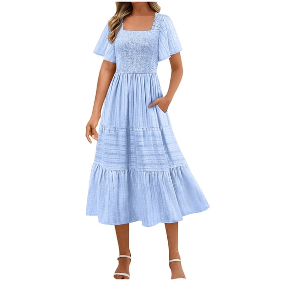 Ecqkame Women's Fashion Long Dresses Summer 2025 Short Sleeve Square Neck A Line Dress Casual Ruffle Tiered Flowy Beach Dress with Pockets 02-Light Blue L