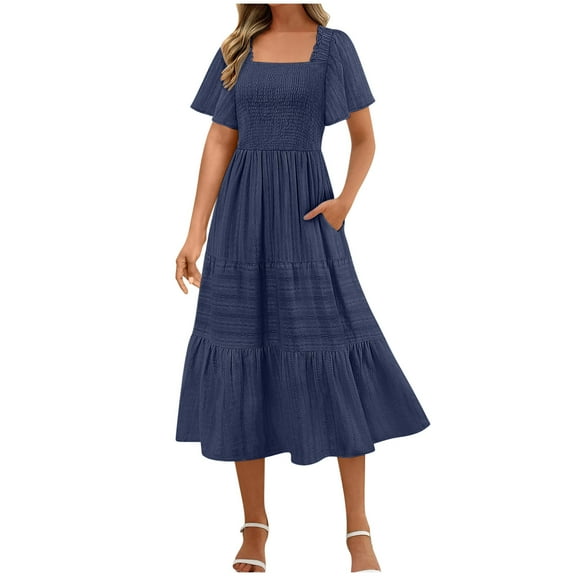 Ecqkame Women's Fashion Long Dresses Summer 2025 Short Sleeve Square Neck A Line Dress Casual Ruffle Tiered Flowy Beach Dress with Pockets 02-Navy L