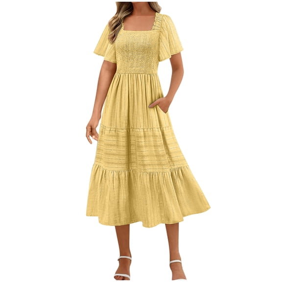 Ecqkame Women's Fashion Long Dresses Summer 2025 Short Sleeve Square Neck A Line Dress Casual Ruffle Tiered Flowy Beach Dress with Pockets 02-Yellow M