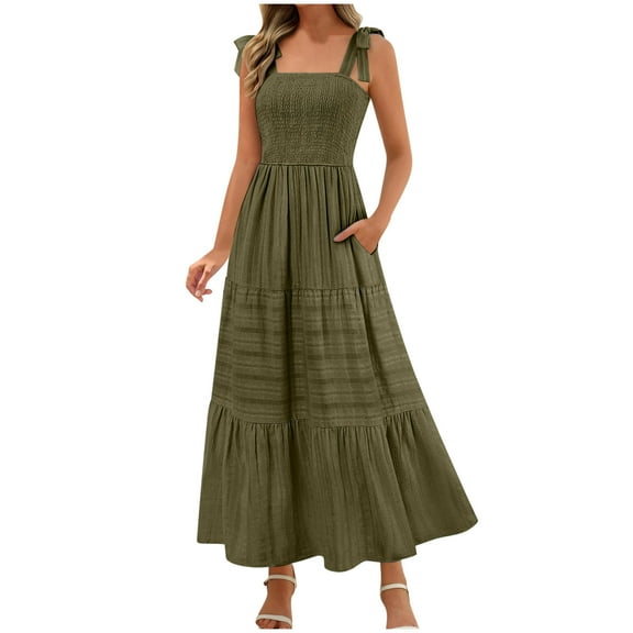 Ecqkame Women's Fashion Long Dresses Summer 2025 Sleeveless Square Neck A Line Slip Dress Casual Ruffle Tiered Flowy Beach Dress with Pockets 01-Army Green L