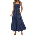 thumbnail image 1 of Ecqkame Women's Fashion Long Dresses Summer 2025 Sleeveless Square Neck A Line Slip Dress Casual Ruffle Tiered Flowy Beach Dress with Pockets 01-Navy XXL, 1 of 9